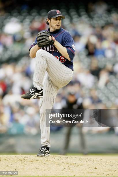 Joe Nathan of the Minnesota Twins pitches against the Seattle Mariners on June 8, 2006 at Safeco Field in Seattle, Washington. The Twins defeated the...
