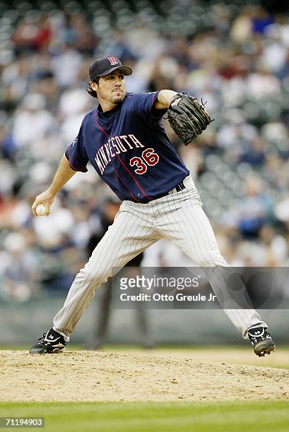 Joe Nathan of the Minnesota Twins pitches against the Seattle Mariners on June 8, 2006 at Safeco Field in Seattle, Washington. The Twins defeated the...