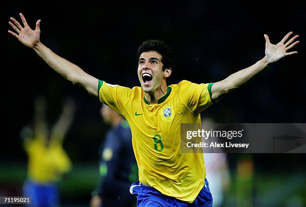 Kaka of Brazil celebrates scoring the opening goal during the FIFA World Cup Germany 2006 Group F match between Brazil and Croatia played at the...