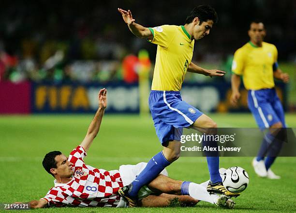 Marko Babic of Croatia tackles Kaka of Brazil during the FIFA World Cup Germany 2006 Group F match between Brazil and Croatia played at the Olympic...