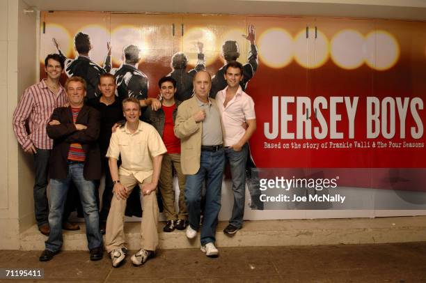 The cast and crew of Jersey Boys from left are: actor J. Robert Spencer, director Des McAnuff, actor Christian Hoff, co-writer Rick Elice, actor John...