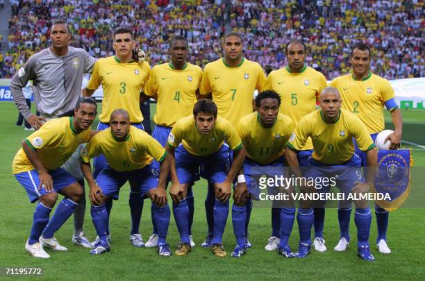 Brazilan team picture goalkeeper Dida, defender Lucio, defender Juan, forward Adriano, midfielder Emerson, and defender Cafu, midfielder Ronaldinho,...