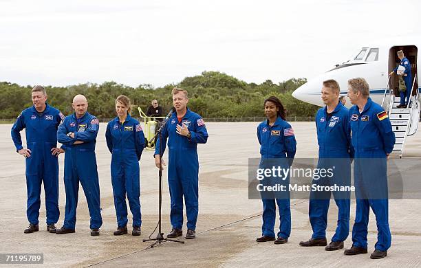 Commander Steve Lindsey and the astronauts for NASA's next Space Shuttle Mission, STS-121, address the media after arriving at the shuttle landing...
