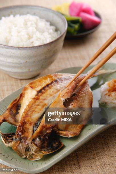 grilled horse mackerel, close-up - teishoku stock pictures, royalty-free photos & images