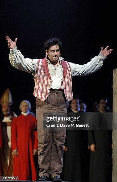 Marcelo Alvarez performs during the curtain call at the opening night of 'Tosca' at the Royal Opera House on June 13, 2006 London, England.