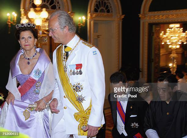 Queen Silvia and King Carl Gustav of Sweden and Prince Alois of Leichtenstein and Prince Jigme Khesar Namgyel Wangchuck of Bhutan arrive to attend...