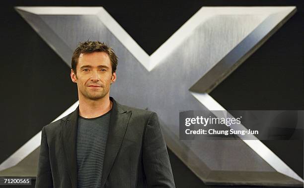 Actor Hugh Jackman attends a Photocall and Press Conference for the premiere of the movie 'X-Men: The Last Stand' on June 14, 2006 in Seoul, South...