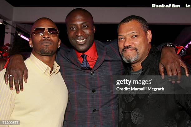 Actor Jamie Foxx, Designer Ozwald Boateng and actor Laurence Fishburne attend Sundance Channel's "House Of Boateng" celebration sponsored by Miller...