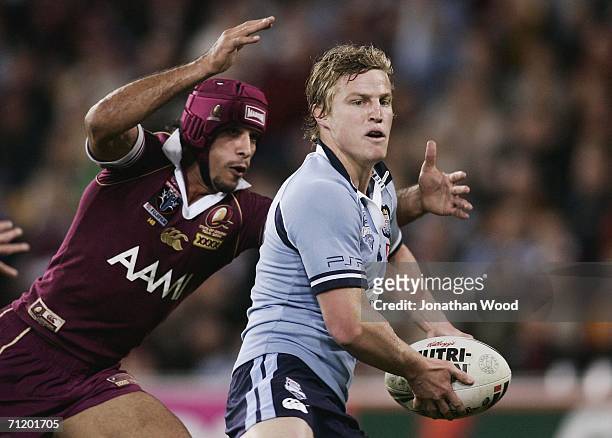 Brett Finch of the Blues in action during game two of the ARL State Of Origin series between the Queensland Maroons and the New South Wales Blues at...