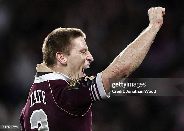 Brent Tate of the Maroons celebrates a try during game two of the ARL State Of Origin series between the Queensland Maroons and the New South Wales...
