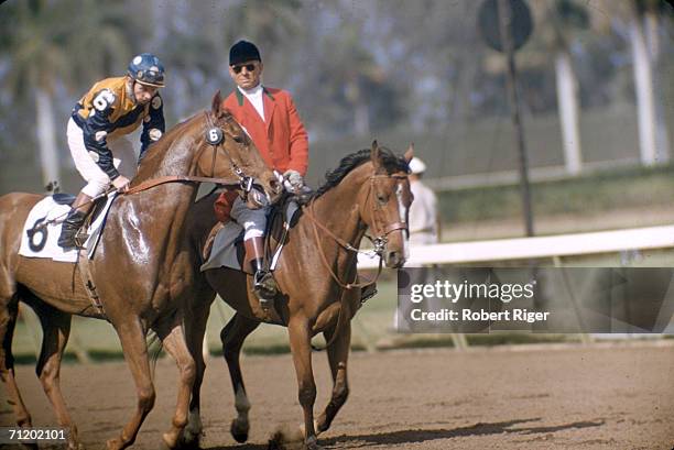 American jockey Eddie Arcaro rides a horse marked on a ractreack alongside a racing official at an unknown event, March 1958.