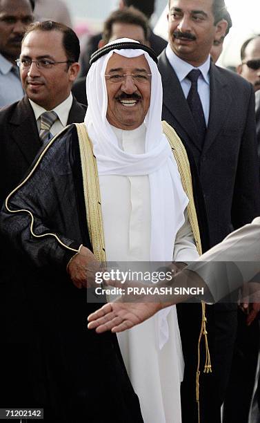 Amir of the State of Kuwait, Sheikh Sabah Al-Ahmad Al-Jaber Al-Sabah pauses on his arrival at the Indian Air Force station at Palam in New Delhi, 14...