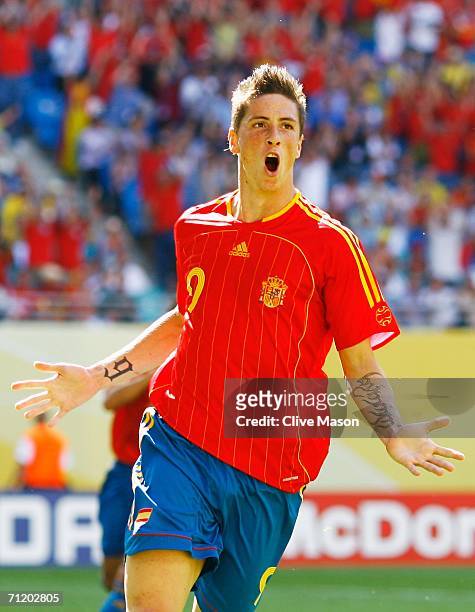 Fernando Torres of Spain celebrates scoring his team's fourth goal during the FIFA World Cup Germany 2006 Group H match between Spain and Ukraine...