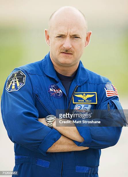 Pilot Mark Kelly participates in a launch pad press conference held by astronauts for NASA's next Space Shuttle mission, STS-121, June 14, 2006 at...