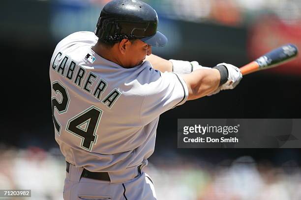 Miguel Cabrera of the Florida Marlins bats during the game against the San Francisco Giants at AT&T Park in San Francisco, California on June 7,...