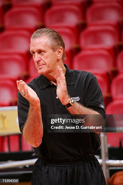 Head coach Pat Riley of the Miami Heat encourages his players at a team practice prior to Media Availability the day before Game Four of the 2006 NBA...