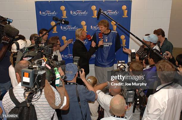 Former tennis great Boris Becker interviews Dirk Nowitzki of the Dallas Mavericks during Media Availability the day before Game Four of the 2006 NBA...