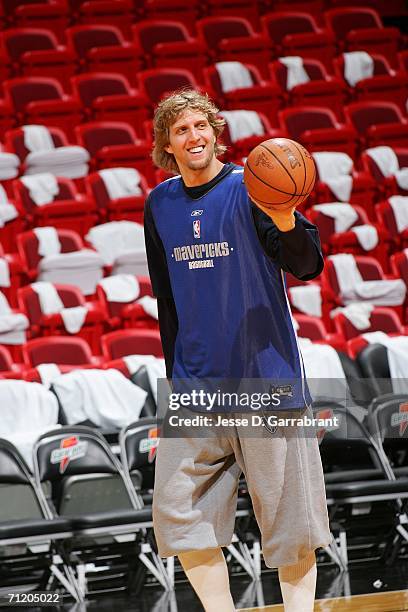 Dirk Nowitzki of the Dallas Mavericks is seen at a team practice during Media Availability the day before Game Four of the 2006 NBA Finals June 14,...