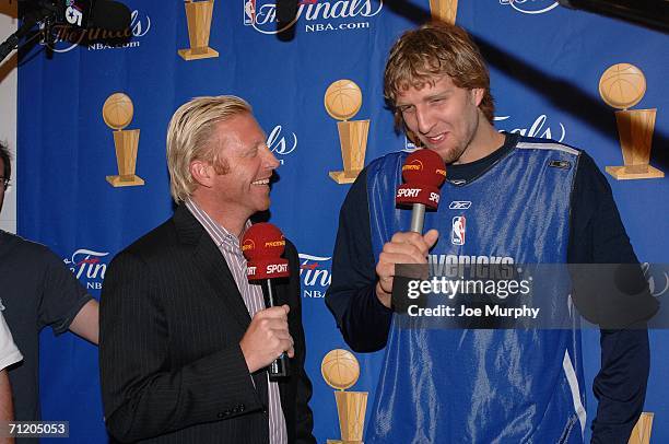 Former tennis great Boris Becker interviews Dirk Nowitzki of the Dallas Mavericks during Media Availability the day before Game Four of the 2006 NBA...