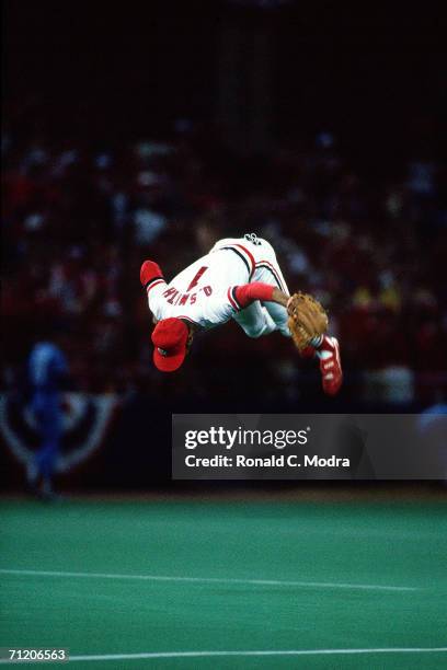 Shortstop Ozzie Smith of the St. Louis Cardinals does the Ozzie flip upon taking the field at the start of the 1985 World Series game 5 against the...