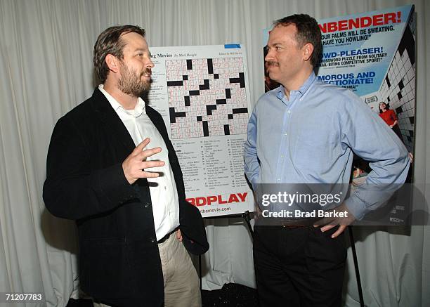 Director Patrick Creadon and New York Times Crossword editor Will Shortz speak to one another as they arrive to the special New York screening of...