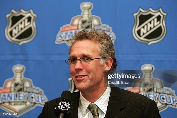 Head coach of the Edmonton Oilers takes questions during a press conference winning game five of the 2006 NHL Stanley Cup Finals on June 14, 2006 at...