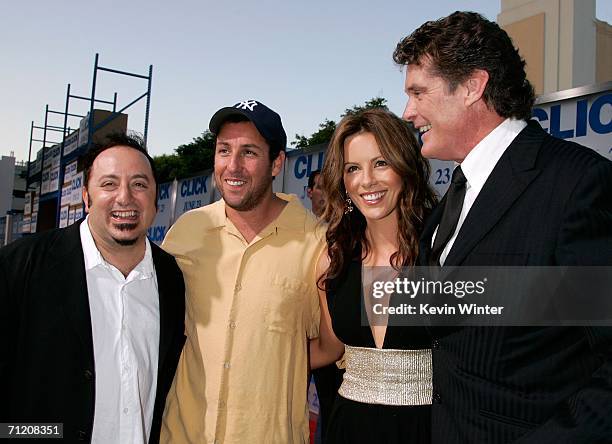 Director Frank Coraci, actor Adam Sandler, actress Kate Beckinsale and actor David Hasselhoff arrive at Sony Pictures premiere of "Click" held at the...