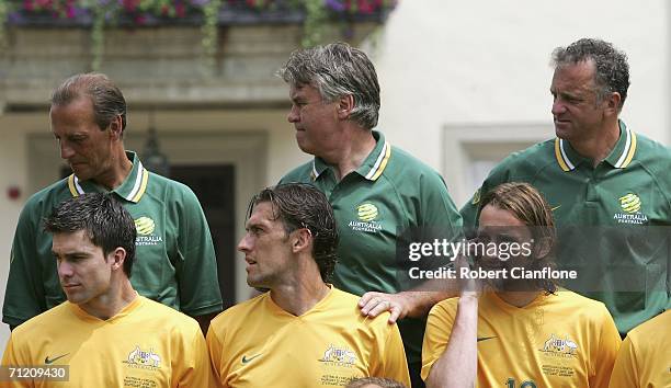 Australian coaching stall from rear Johan Neeskans, Guus Hiddink, Graham Arnold with players Michael Buchamp, Tony Popovic and Josh Kennedy prepare...