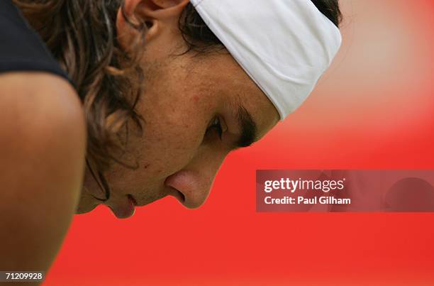 Rafael Nadal of Spain looks dejected against Fernando Verdasco of Spain during Day 4 of the Stella Artois Championships at Queen's Club on June 15,...