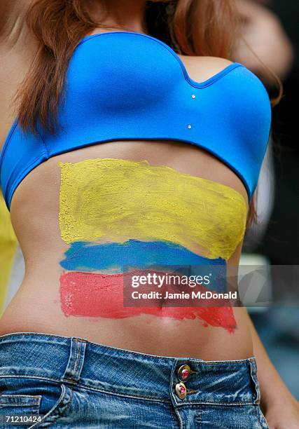 An Ecuador fan shows her colours after the final whistle at the FIFA World Cup Germany 2006 Group A match between Ecuador and Costa Rica which...