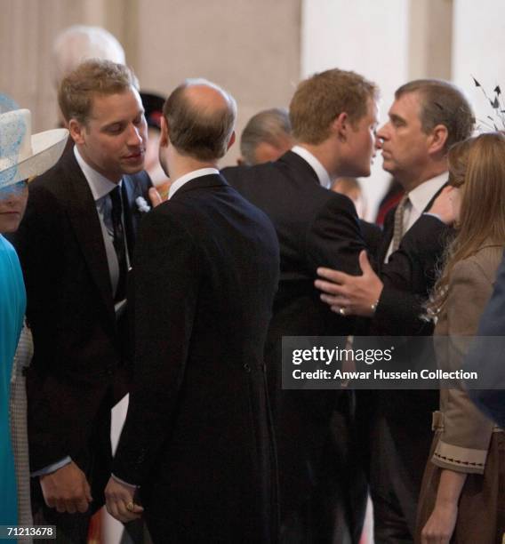 Prince William greets his Uncle, Prince Edward, Earl of Wessex while his brother Prince Harry greets Prince Andrew, Duke of York as they attend the...