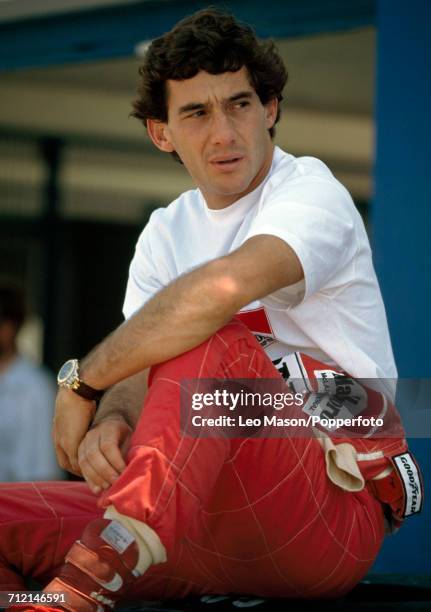 Formula One racing driver Ayrton Senna of Brazil posed wearing a TAG Heuer watch during testing in Jerez, Spain, circa February 1991.