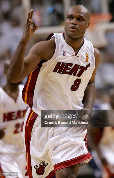 Antoine Walker of the Miami Heat celebrates a three-point basket in the fourth quarter against the Dallas Mavericks in game four of the 2006 NBA...