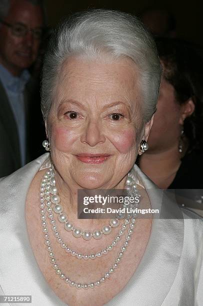 Screen legend Olivia de Havilland attends the Academy of Motion Picture Arts and Sciences' tribute to Ms. De Havilland at the Academy of Motion...