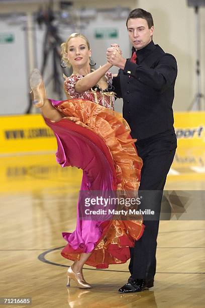 Olympic Gold Medallist Danyon Loader with his dance partner Hayley Holt dance at half time during the round 12 NBL match between the Wellington...