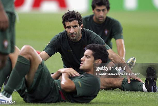 Luis Figo stretches during Portugal Training Session at FIFA World Cup Stadium Frankfurt on June 16, 2006 in Frankfurt, Germany.