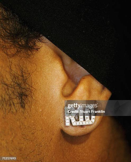 The diamond studded earing of Ronaldinho of Brazil as he speaks to the media during the press conference of the Brazilian National Team for the FIFA...