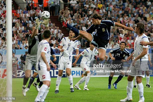 Hernan Crespo of Argentina makes an attempt on goal during the FIFA World Cup Germany 2006 Group C match between Argentina and Serbia & Montenegro at...