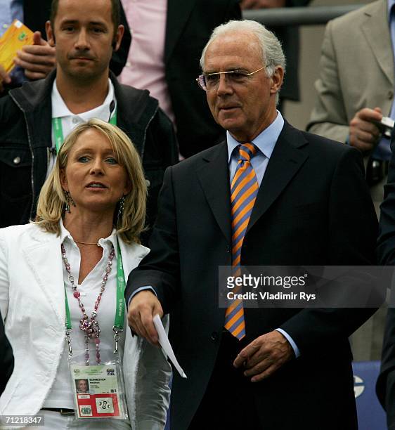 President of Germany 2006 Organising Committee Franz Beckenbauer and Heidrun Burmester look on before the FIFA World Cup Germany 2006 Group C match...