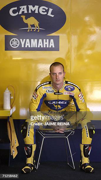 Rider Colin Edwards concentrates 16 June 2006 before the first free practice session Moto GP ahead of the 18 June 2006 Catalonia Motorcycling Grand...