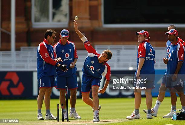 Liam Plunkett of England bowls some spin before the England nets session at Lord's Cricket Ground on June 16, 2006 in London, England.