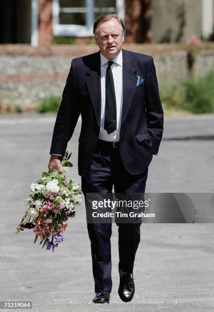 Andrew Parker-Bowles attends the funeral of his ex-wife's father, Major Bruce Shand at the Holy Trinity Church in Stourpaine on June 16, 2006 in...