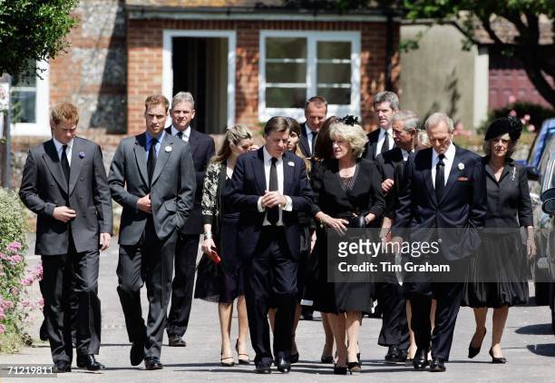 Camilla, Duchess of Cornwall with her stepsons Prince Harry and Prince William and her sister Annabel Elliott attend the funeral of her father, Major...
