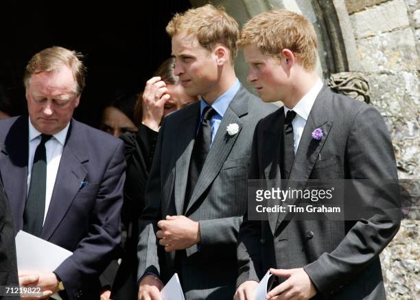 Prince William, Prince Harry and Andrew Parker-Bowles attend the funeral of Major Bruce Shand at the Holy Trinity Church in Stourpaine on June 16,...