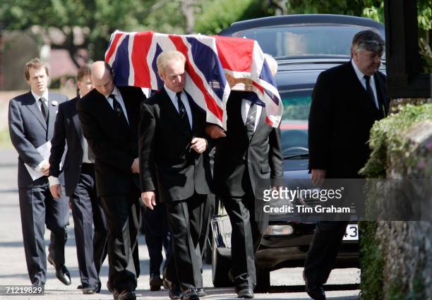 Tom Parker-Bowles walks behind the coffin of his grandfather at the funeral of Major Bruce Shand at the Holy Trinity Church in Stourpaine on June 16,...