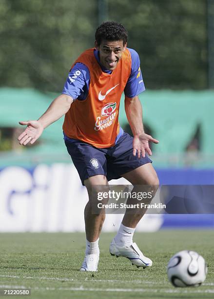 Fred of Brazil gestures to the ball during the training session and press conference of the Brazilian National Team for the FIFA World Cup 2006 on...