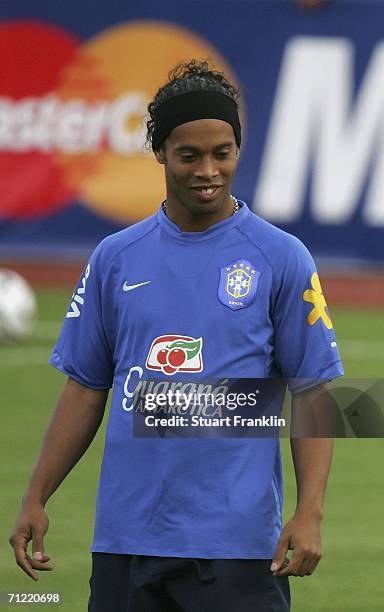 Ronaldinho of Brazil looks on during a training session of the Brazilian National Team for the FIFA World Cup 2006 on June 16, 2006 in Konigstein,...