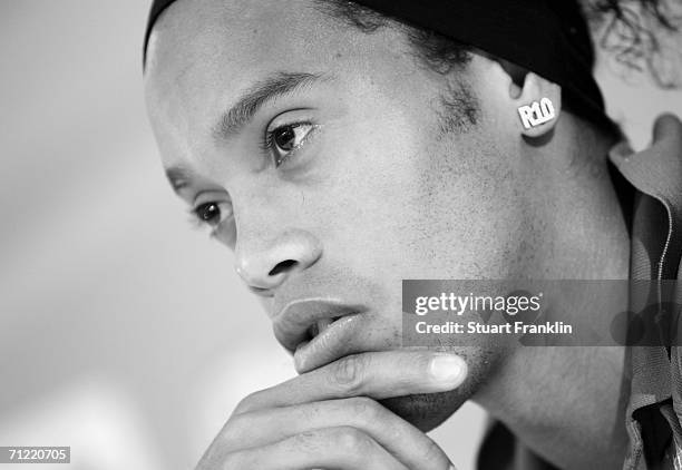 Ronaldinho of Brazil talks to the media during the press conference of the Brazilian National Team for the FIFA World Cup 2006 on June 16, 2006 in...