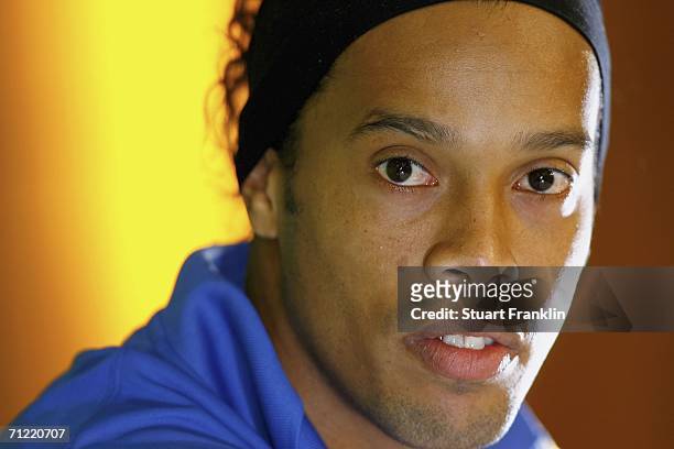 Ronaldinho of Brazil listens to the media during the press conference of the Brazilian National Team for the FIFA World Cup 2006 on June 16, 2006 in...