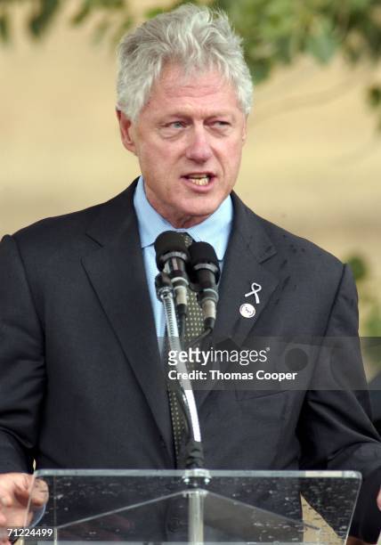 Former U.S. President Bill Clinton speaks to Columbine families, friends and the general public at a groundbreaking ceremony in Clement Park not far...